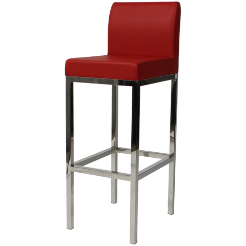Quentin Bar Stool With Backrest With Stainless Steel Frame And Red Vinyl Upholstery, Viewed From Angle In Front