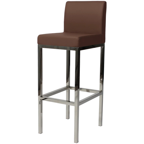Quentin Bar Stool With Backrest With Stainless Steel Frame And Taupe Vinyl Upholstery, Viewed From Angle In Front