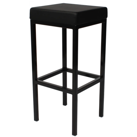 Quentin Bar Stool With Black Frame And Black Vinyl Upholstery, Viewed From Angle In Front
