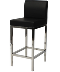 Quentin Counter Stool With Backrest With Stainless Steel Frame And Black Vinyl Upholstery, Viewed From Angle In Front