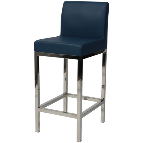 Quentin Counter Stool With Backrest With Stainless Steel Frame And Blue Vinyl Upholstery, Viewed From Angle In Front