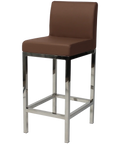 Quentin Counter Stool With Backrest With Stainless Steel Frame And Taupe Vinyl Upholstery, Viewed From Angle In Front