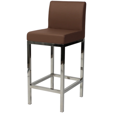 Quentin Counter Stool With Backrest With Stainless Steel Frame And Taupe Vinyl Upholstery, Viewed From Angle In Front