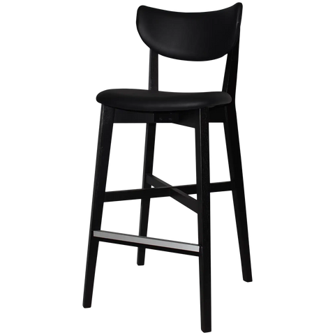 Romano Bar Stool With Black Vinyl Upholstered Backrest And Seat With Black Timber Frame, Viewed From Angle In Front