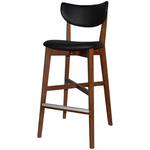 Romano Bar Stool With Black Vinyl Upholstered Backrest And Seat With Light Walnut Timber Frame, Viewed From Angle In Front