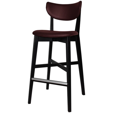 Romano Bar Stool With Custom Upholstered Backrest And Seat With Black Timber Frame, Viewed From Angle In Front