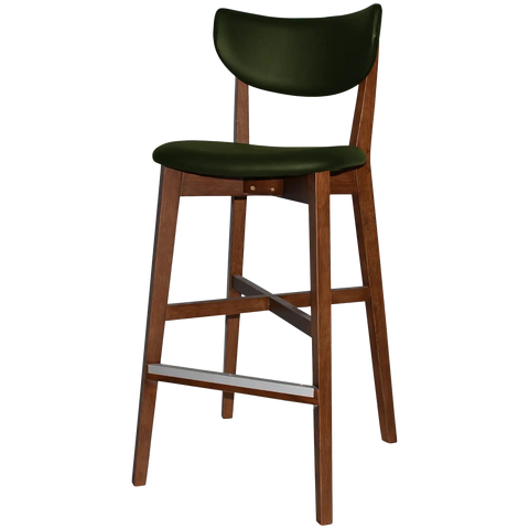 Romano Bar Stool With Custom Upholstered Backrest And Seat With Light Walnut Timber Frame, Viewed From Angle In Front