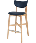 Romano Bar Stool With Custom Upholstered Backrest And Seat With Natural Timber Frame, Viewed From Angle In Front