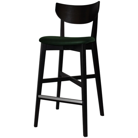 Romano Bar Stool With Custom Upholstered Seat With Black Timber Frame, Viewed From Angle In Front