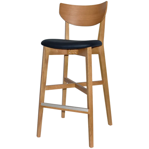 Romano Bar Stool With Custom Upholstered Seat With Light Oak Timber Frame, Viewed From Angle In Front