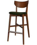 Romano Bar Stool With Custom Upholstered Seat With Light Walnut Timber Frame, Viewed From Angle In Front