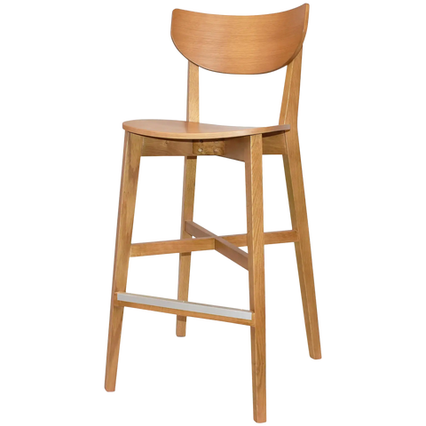 Romano Bar Stool With Veneer Seat With Light Oak Timber Frame, Viewed From Angle In Front
