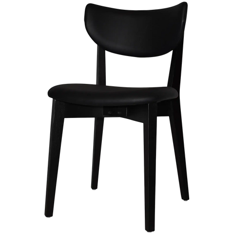 Romano Chair With Black Vinyl Upholstered Backrest And Seat With Black Timber Frame, Viewed From Angle In Front
