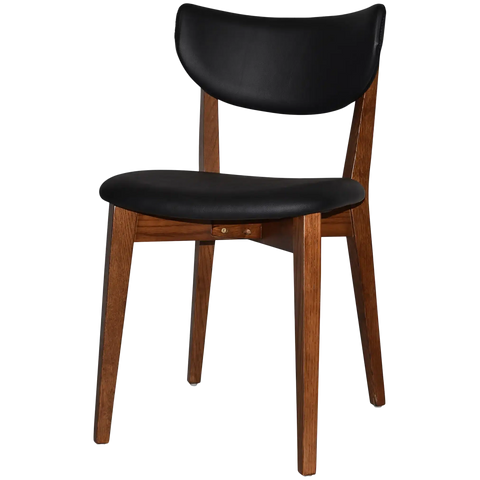 Romano Chair With Black Vinyl Upholstered Backrest And Seat With Light Walnut Timber Frame, Viewed From Angle In Front