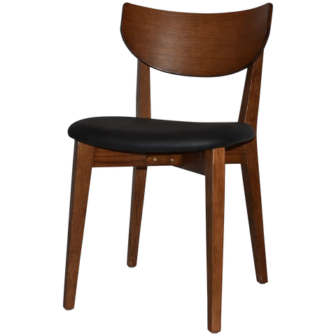 Romano Chair With Black Vinyl Upholstered Seat With Light Walnut Timber Frame, Viewed From Angle In Front