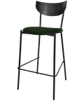Ronaldo Bar Stool With Black Backrest Custom Upholstery Seat And Black 4 Leg Frame, Viewed From Front Angle