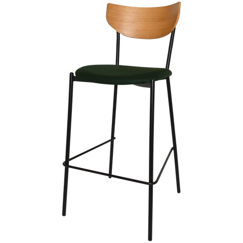 Ronaldo Bar Stool With Light Oak Backrest Custom Upholstery Seat And Black 4 Leg Frame, Viewed From Front Angle