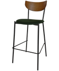 Ronaldo Bar Stool With Light Walnut Backrest Custom Upholstery Seat And Black 4 Leg Frame, Viewed From Front Angle