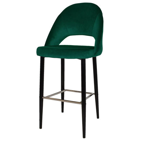 Saffron Bar Stool Black Metal 4 Leg With Custom Upholstered Shell, Viewed From Angle In Front