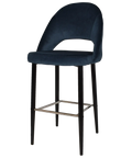 Saffron Bar Stool Black Metal 4 Leg With Regis Navy Shell, Viewed From Angle In Front