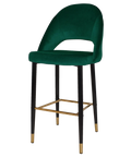 Saffron Bar Stool Black With Brass Tip Metal 4 Leg With Custom Upholstered Shell, Viewed From Angle In Front