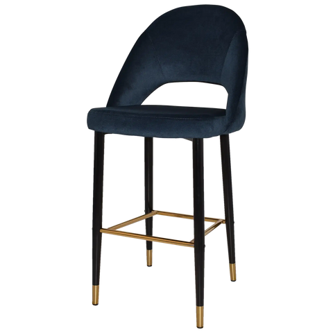 Saffron Bar Stool Black With Brass Tip Metal 4 Leg With Regis Navy Shell, Viewed From Angle In Front