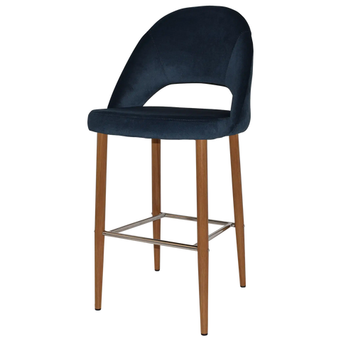 Saffron Bar Stool Light Oak Metal 4 Leg With Regis Navy Shell, Viewed From Angle In Front