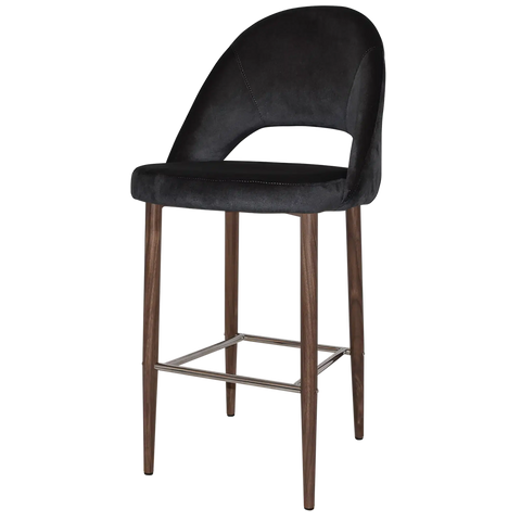 Saffron Bar Stool Light Walnut Metal 4 Leg With Regis Charcoal Shell, Viewed From Angle In Front