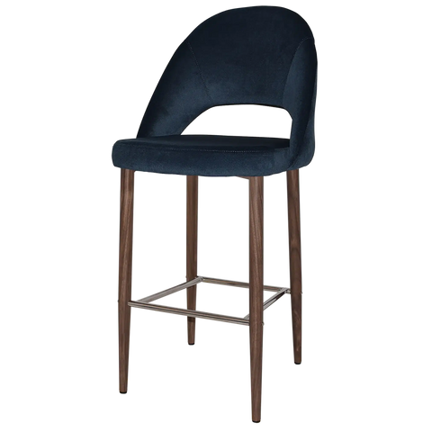 Saffron Bar Stool Light Walnut Metal 4 Leg With Regis Navy Shell, Viewed From Angle In Front