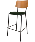 Venice Bar Stool With Light Oak Backrest Custom Upholstery Seat And Black 4 Leg Frame, Viewed From Front Angle