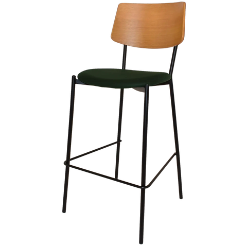 Venice Bar Stool With Light Oak Backrest Custom Upholstery Seat And Black 4 Leg Frame, Viewed From Front Angle