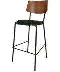 Venice Bar Stool With Light Walnut Backrest Custom Upholstery Seat And Black 4 Leg Frame, Viewed From Angle In Front